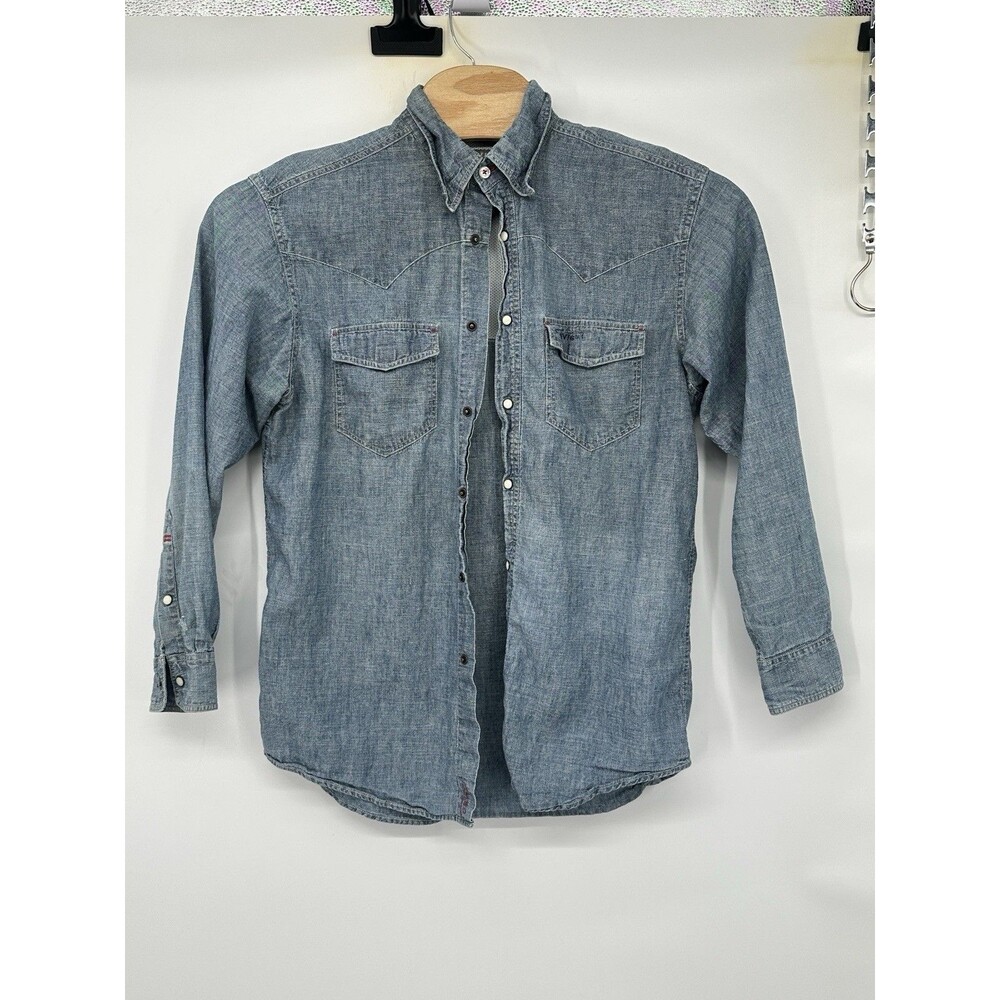 Orvis Trout Bum Shirt Men's M Blue Chambray Pearl Snap Outdoor Hemp Vented